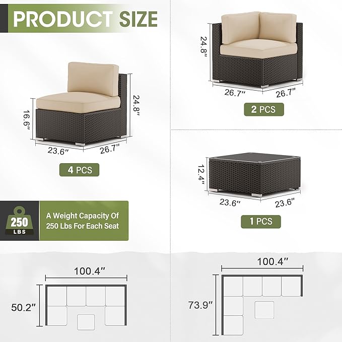 Crownland 7 Pieces Outdoor Patio Furniture Sets, All-Weather Black Wicker Rattan Sectional Sofa, Modern Glass Coffee Table and Washable Seat Cushion with Zipper,Light Brown