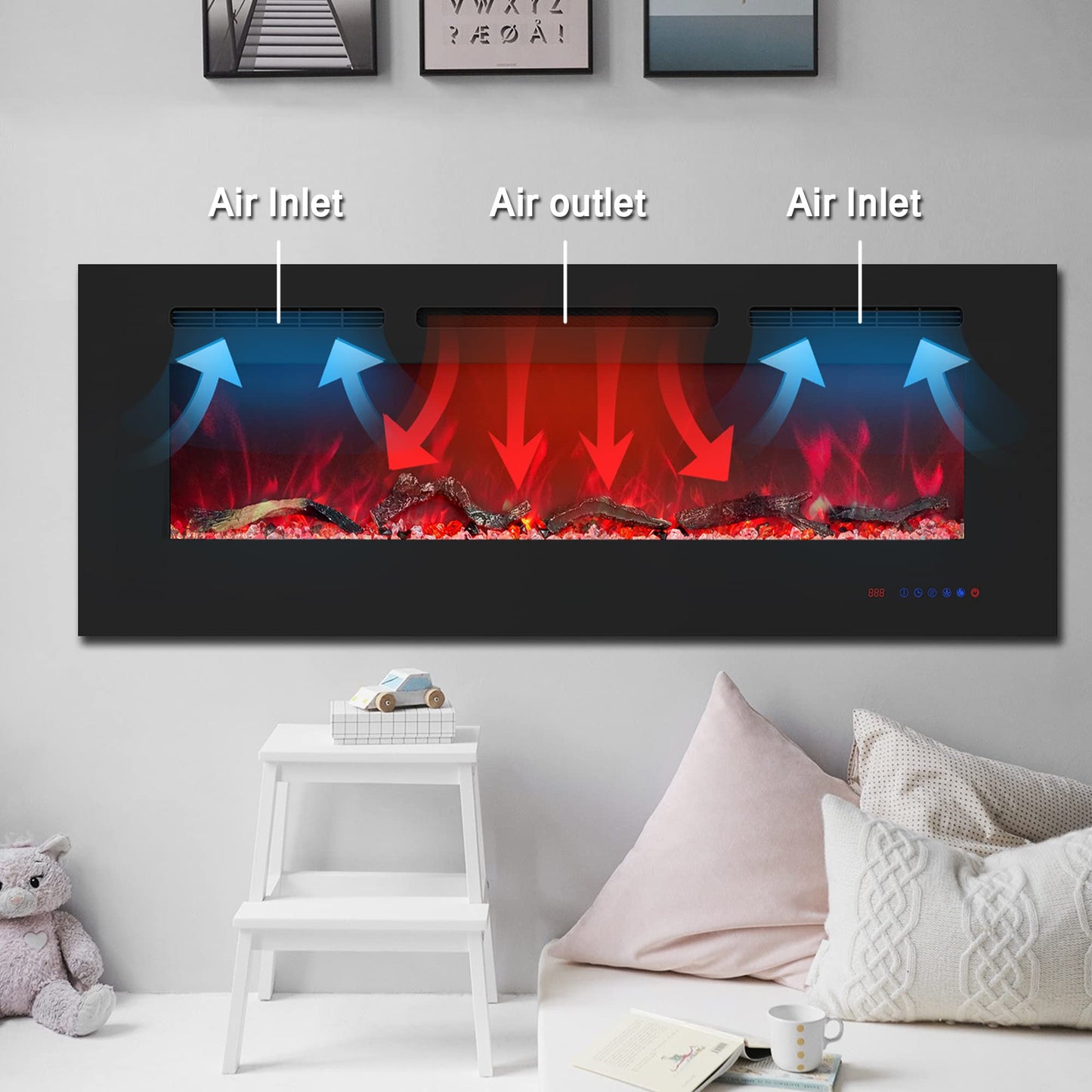Kentsky 65 inches Electric Fireplace Inserts, Recessed and Wall Mounted Fireplace Heater, Linear Fireplace w/Thermostat, Remote & Touch Screen, Multicolor Flame, Timer, Log & Crystal, 750W/1500W