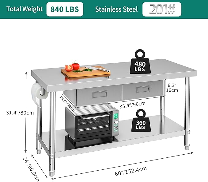 YITAHOME 60" X 24" Stainless Steel Table with Paper Towel Holder and 2 Drawers, NSF Work Table with Drawer, Metal Table Prep Table for Home Kitchen Restaurant Garage Warehouse
