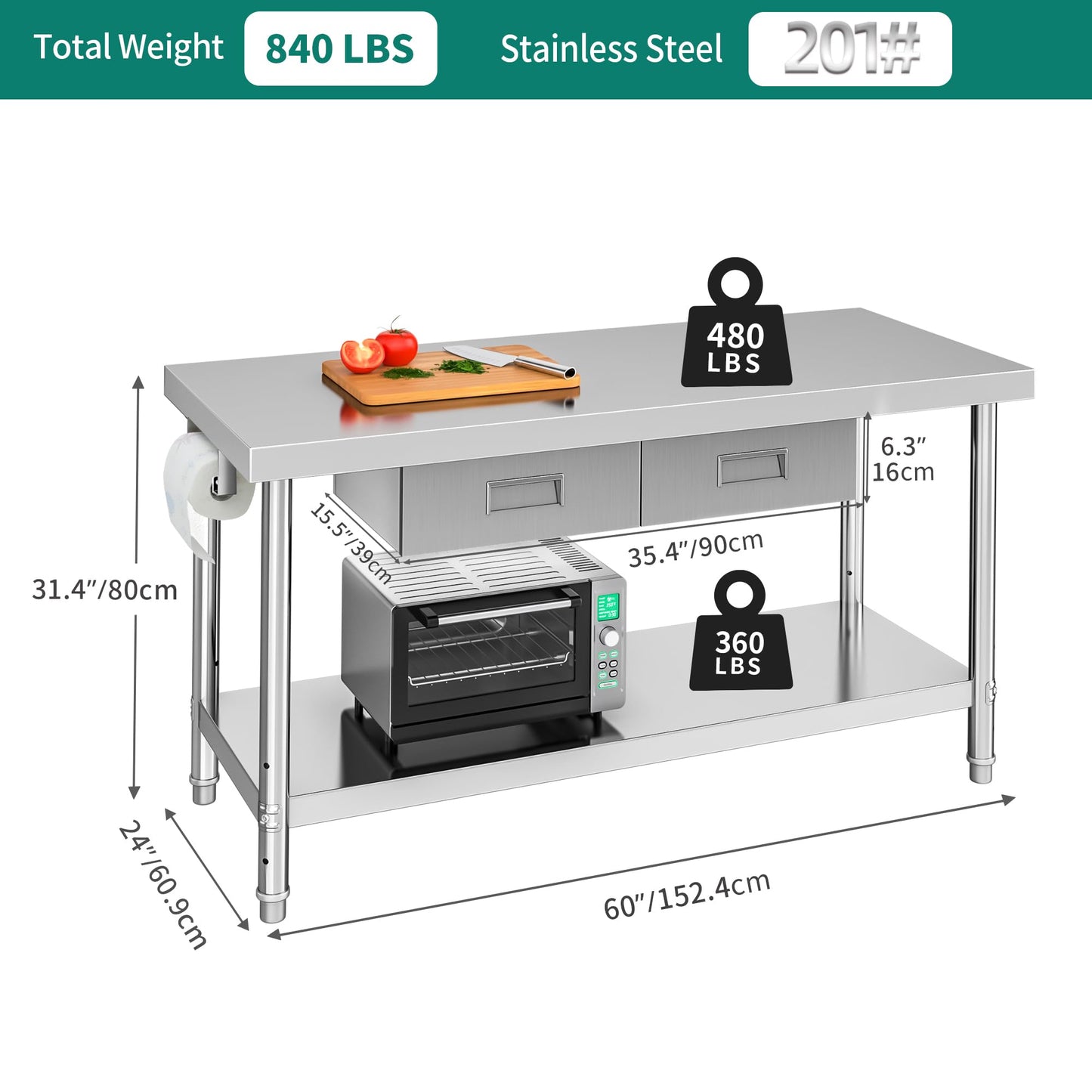 YITAHOME 60" X 24" Stainless Steel Table with Paper Towel Holder and 2 Drawers, NSF Work Table with Drawer, Metal Table Prep Table for Home Kitchen Restaurant Garage Warehouse