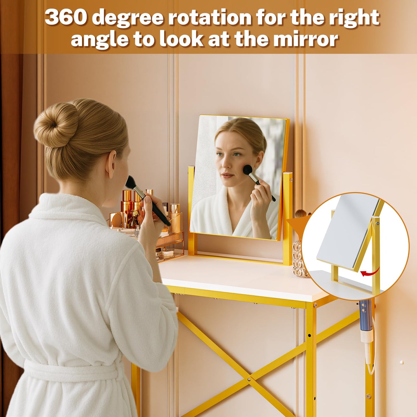 Makeup Vanity Set with 360°Rotating Mirror amd PU Leather Chair, Compact Small Vanity Desk with Side Pocket for small space, Dressing Table for Bedroom, Cheap Gold and White Vanity for Girls and Women