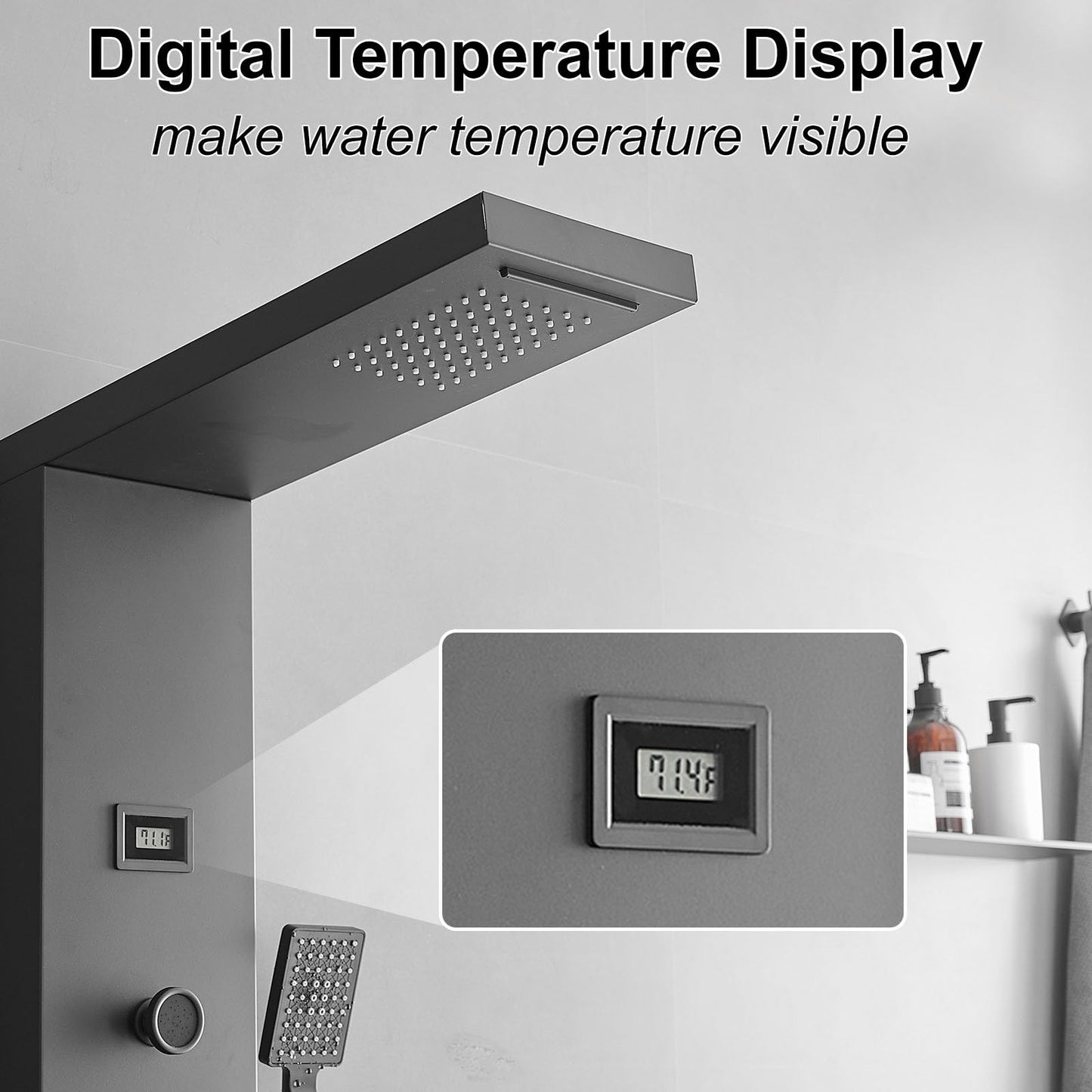 Bathfinesse Shower Panel, Shower Tower, Bathroom Shower Panel Tower System, 6 IN 1 Shower Functions, Stainless Steel Wall Mounted, Black