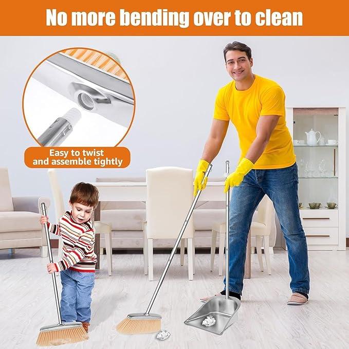 Stainless Steel Broom and Dustpan Set, Long Handle Floor Cleaning Tool & Home Cleaning Equipment, Heavy Duty Sweep Accessory for Living Room Bedroom Study Apartment Garage Bathroom Restaurant Office