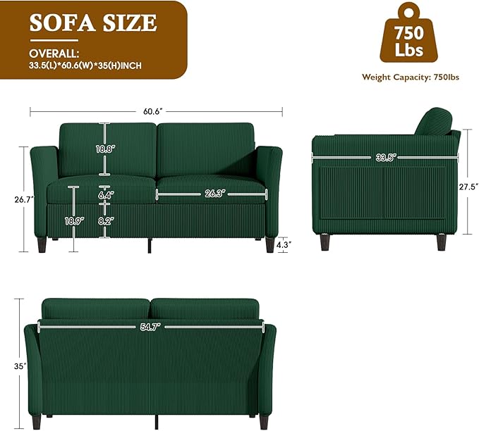 Valthie 60.6" Small Corduroy Loveseat Sofa, Mid-Century Modern 2-Seater Couch with Side Pockets for Small Spaces, Green– Perfect for Living Room, Bedroom, Office & Apartment