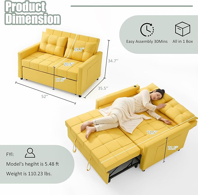 GOSUHI 52" Sleeper Sofa with Pull-Out Bed, 3-in-1 Convertible Sofa Bed, Loveseat with Stepless Adjustable Backrest and Side Pocket, for Living Room Dorm Apartment, Linen, Yellow