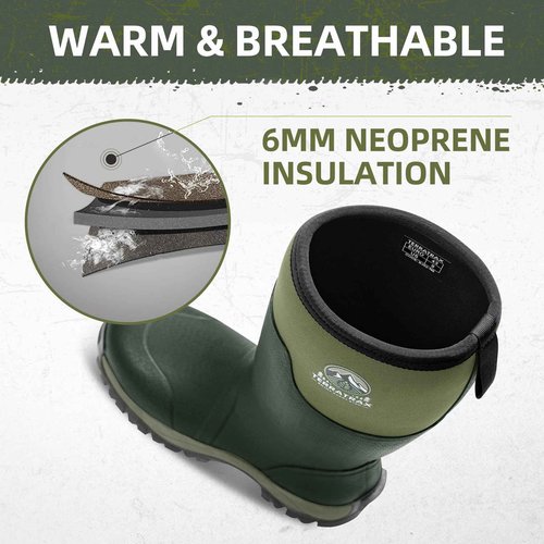 TerraTrax Men's Waterproof Insulated Rubber Hunting Boots – 6mm Neoprene Rain Boots for Outdoor Work, Fishing, Farming & Gardening Green Size 9