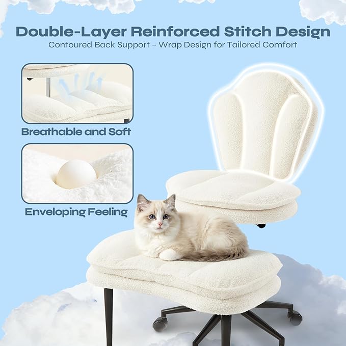 Ergonomic Cross Legged Office Chair for ADHD, Kneeling Chair with 360° Swivel Wheels and Reversible Seating for Meditation, Adjustable Height and Seat Deapth, Teddy Fabric, White