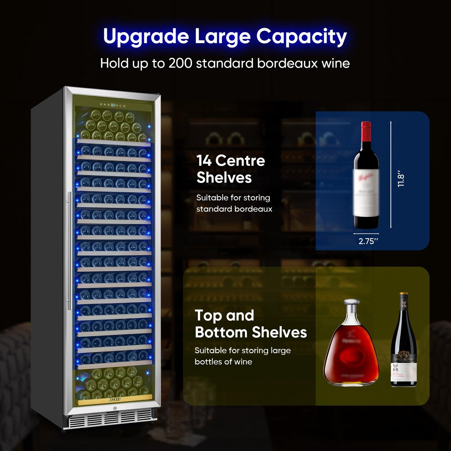 MZAVP Large Wine Cooler Refrigerator 24 Inch, Upgraded 200 Bottle Wine Fridge with Professional Temperature Control, Built-in or Freestanding Tall Wine Cellar, Low Noise and Sliding Rail Shelves