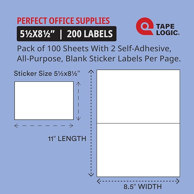 Tape Logic Laser Labels Rectangle 8 1/2" x 5 1/2" White (200-pk) Self-Adhesive All Purpose Blank Sticker Label Half Sheet Printable Office & Personal Supplies for Address, Shipping & Mailing