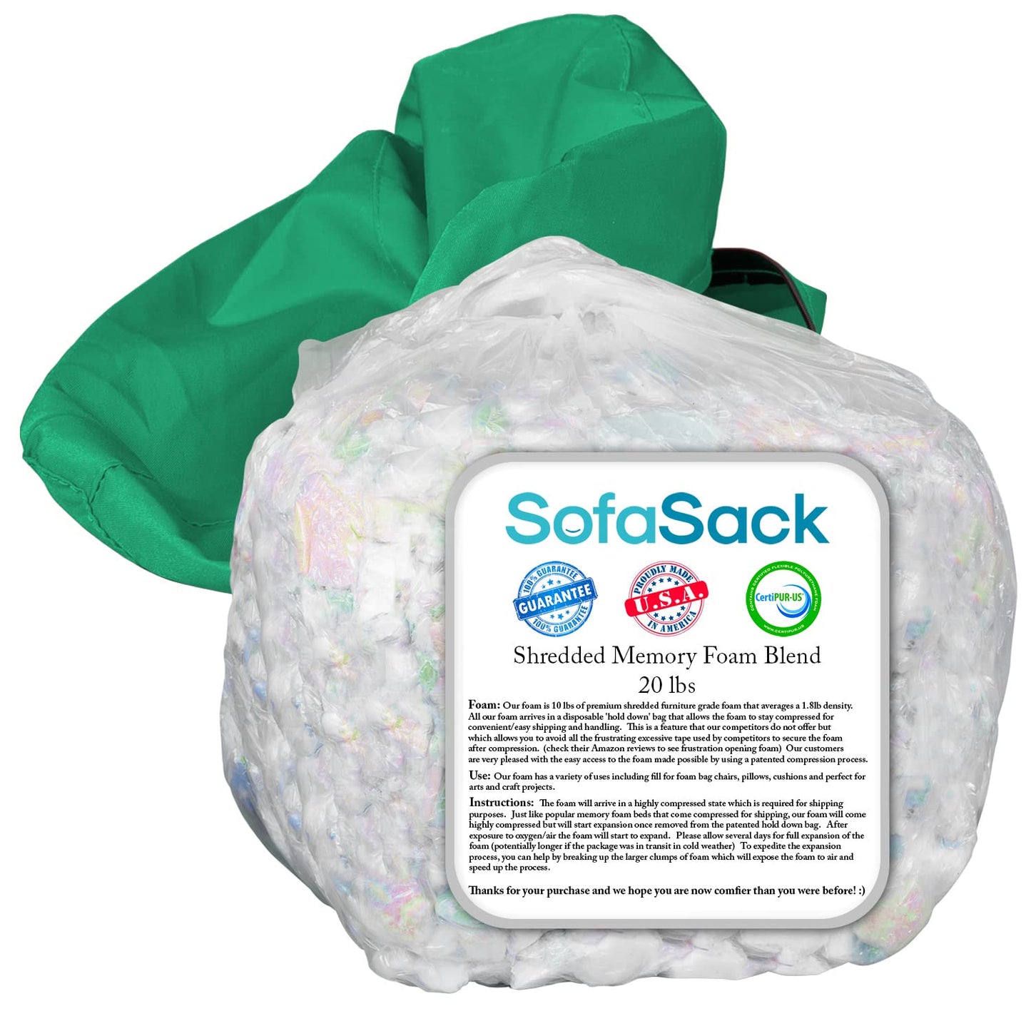 Sofa Sack Shredded Foam Refill: Memory Foam Filling Refill for Bean Bags, Dog Beds and Pillows, 20lbs, Multi-Color