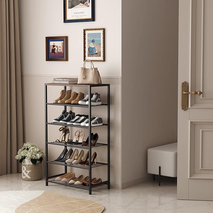 HOMEFORT Shoe Rack 6-Tier, Shoe Storage Shelf, Industrial Shoe Tower, Narrow Shoe Organizer for Closet Entryway, Small Shoe Rack Table with Durable Metal Shelves, Rustic Brown