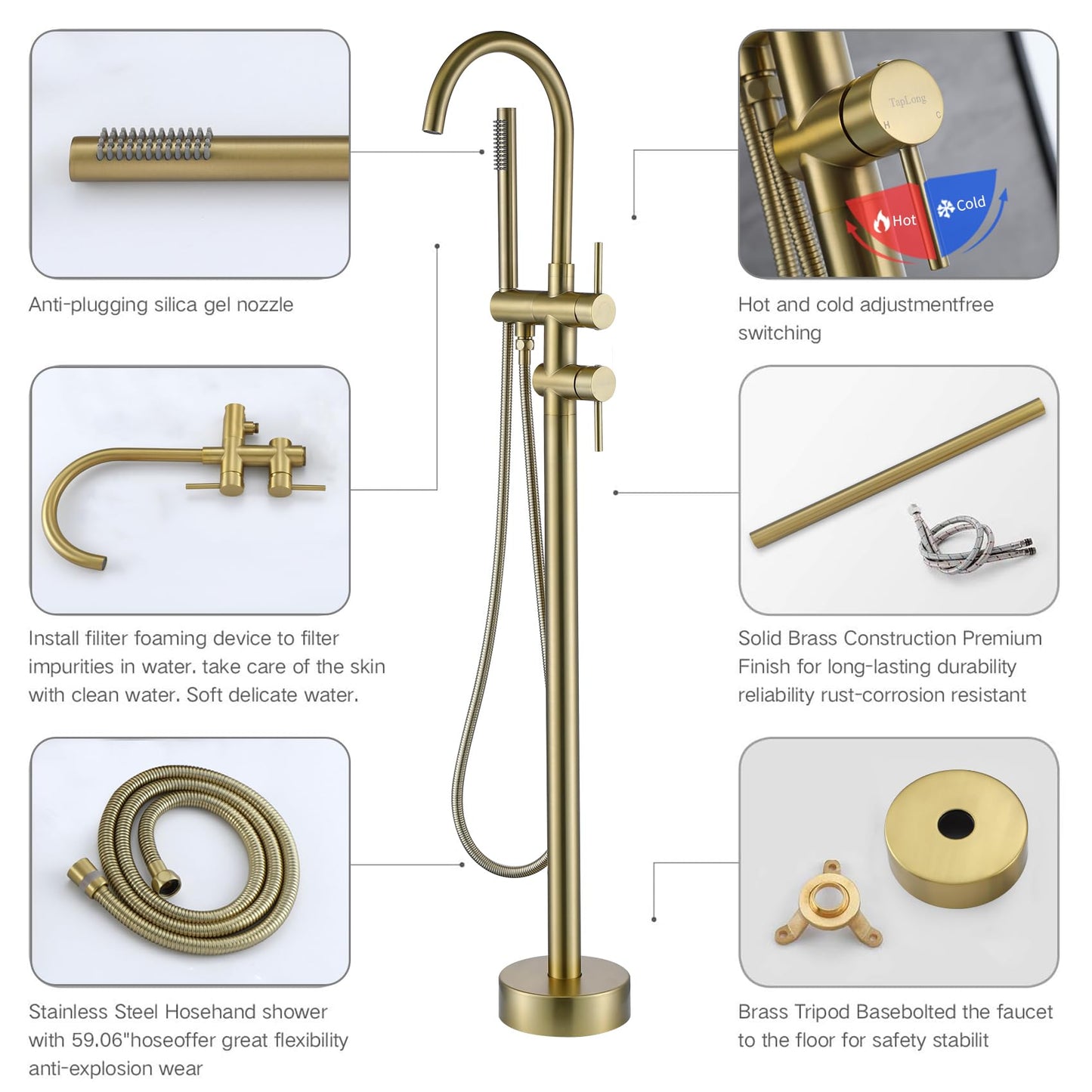 Taplong Brushed Gold Free Standing Tub Faucet Freestanding Bathtub Faucet with Handheld Sprayer, Floor Mount Tub Filler, Shower Tub Faucet Set Complete, Bathtub Faucet with Shower-51005BG