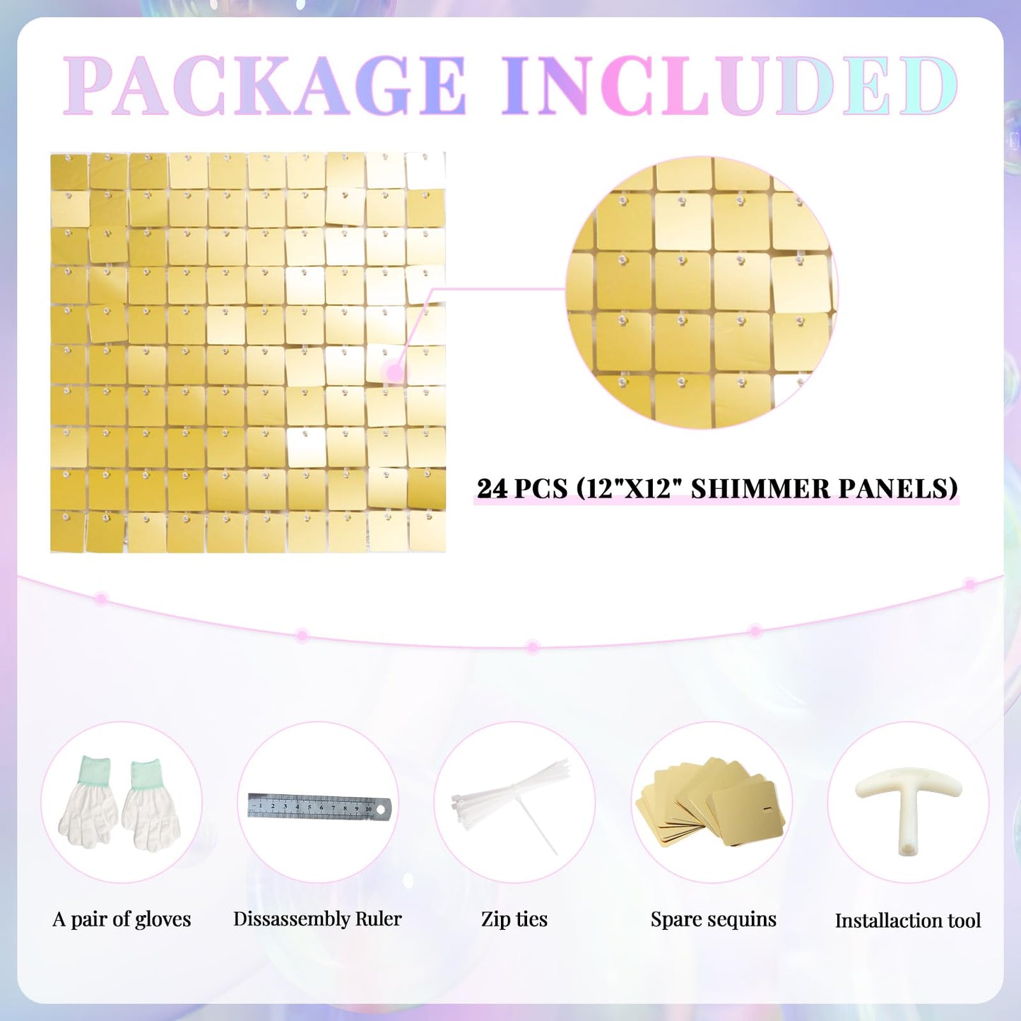 Shimmer Wall Backdrop Light Gold Wall Panels 24Pcs Square Sequin Shimmer Wall Backdrop Decoration for Birthday Party,Wedding, Anniversary