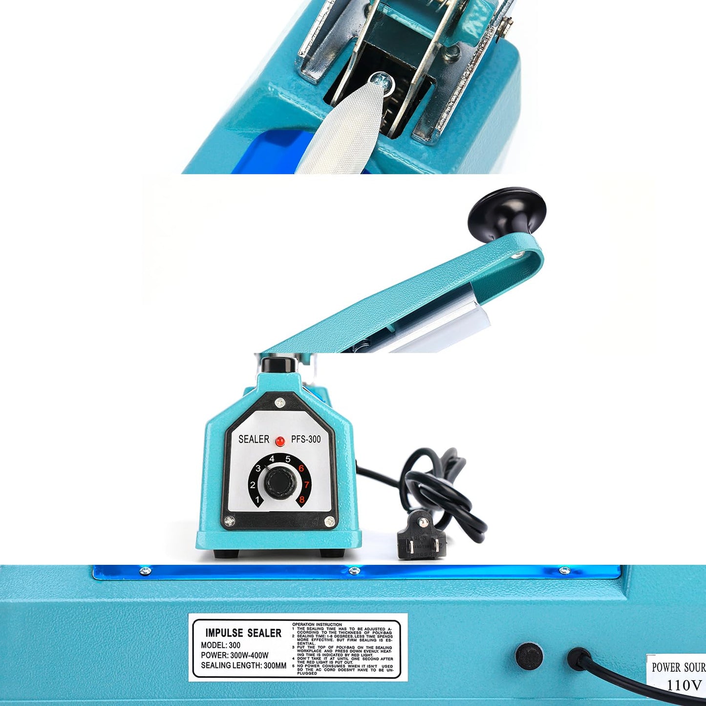 LinsnField Sealer Pro, Patented 12inch Impulse Heat Bag Sealer, 7mm Sealing Width Poly Bag Seal Machine, 2 Replacement Kits 2 Fuses Included, Blue