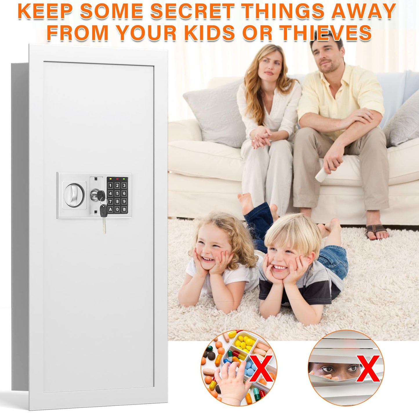 White 29.53" Tall Fireproof Wall Safes Between the Studs 16" Centers, Heavy Duty Combination Lock in Wall Safe with 3 Removable Shelf, Hidden Safe for Money, Jewelry, Document, Passport