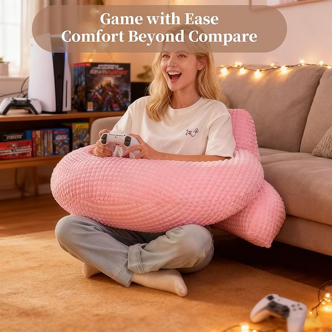 PAJEO Reading Pillow for Bed,U Shaped & Back Support Pillow for Bed,17" Backrest with Lumbar & Arm Support,Comfy Flannel Fabric,Lap Pillow for Gaming/Reading/Watching TV,Pink