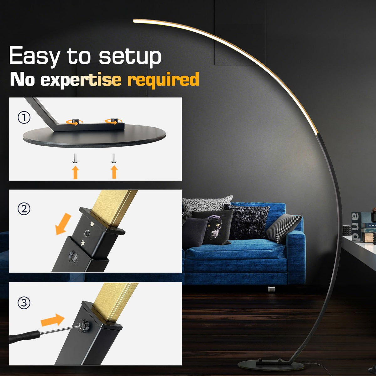 ShineMuse Modern LED Arc Floor Lamp Dimmable,Black Gold Arched Floor Lamp Standing Lamp with Remote for Living Room Bedroom Office Corner