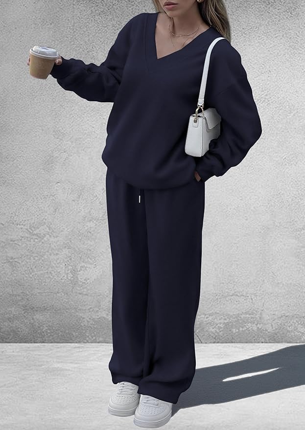 PRETTYGARDEN Casual Winter Two Piece Sets for Women 2026 V Neck Sweatshirt Loose Wide Leg Pants Tracksuit Knit Fall Outfits