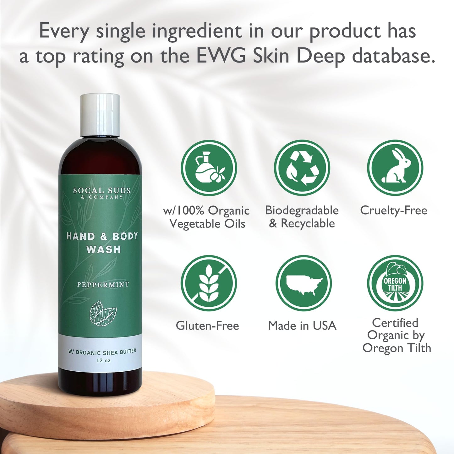 SoCal Suds & Company Organic Shea Butter Body Wash - Peppermint Liquid Soap for Hand & Body, Moisturizing Shower Gel, Daily Body