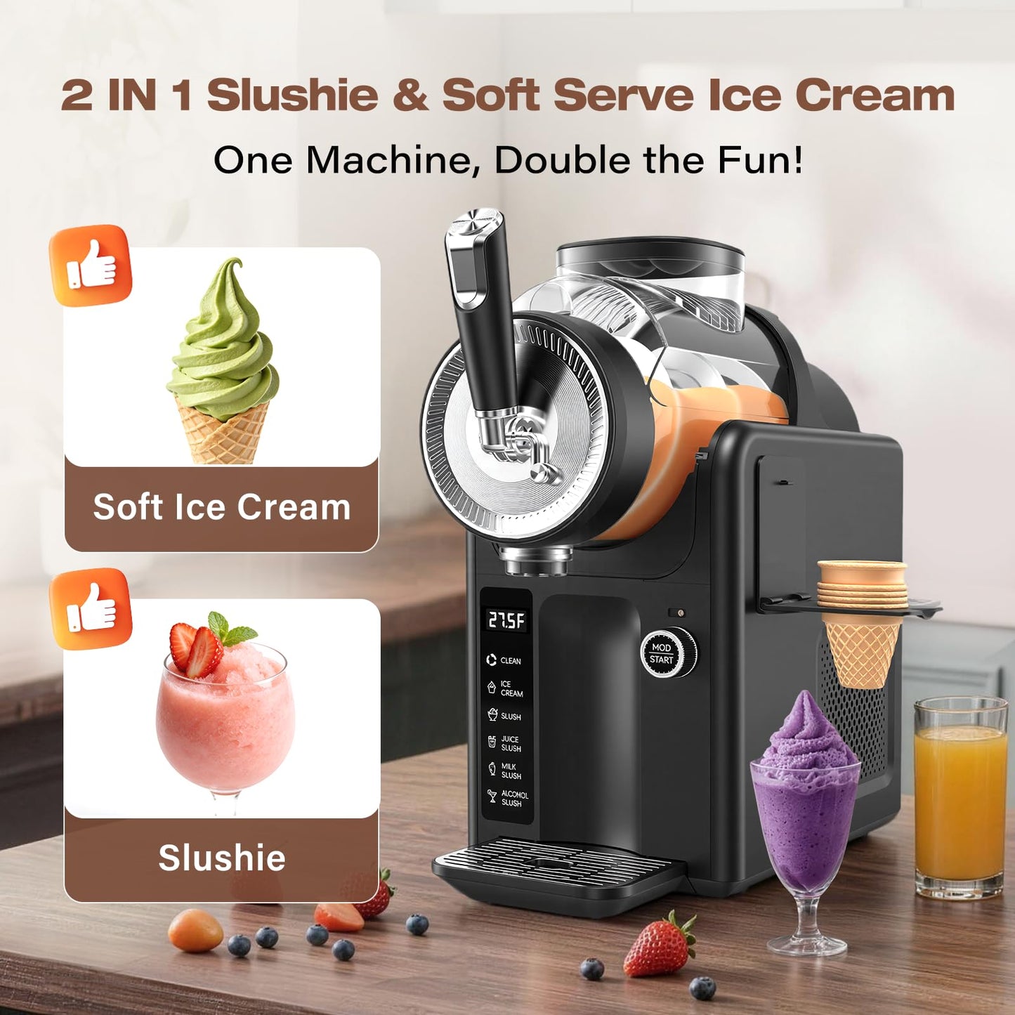 SYINTAO Slushie Machine No Ice Needed, 2-in-1 Frozen Drink & Soft Serve Ice Cream Maker, Self-Chilling Slushy Maker with 5 Presets, LED Display & Auto Clean for Home & Party (Black)