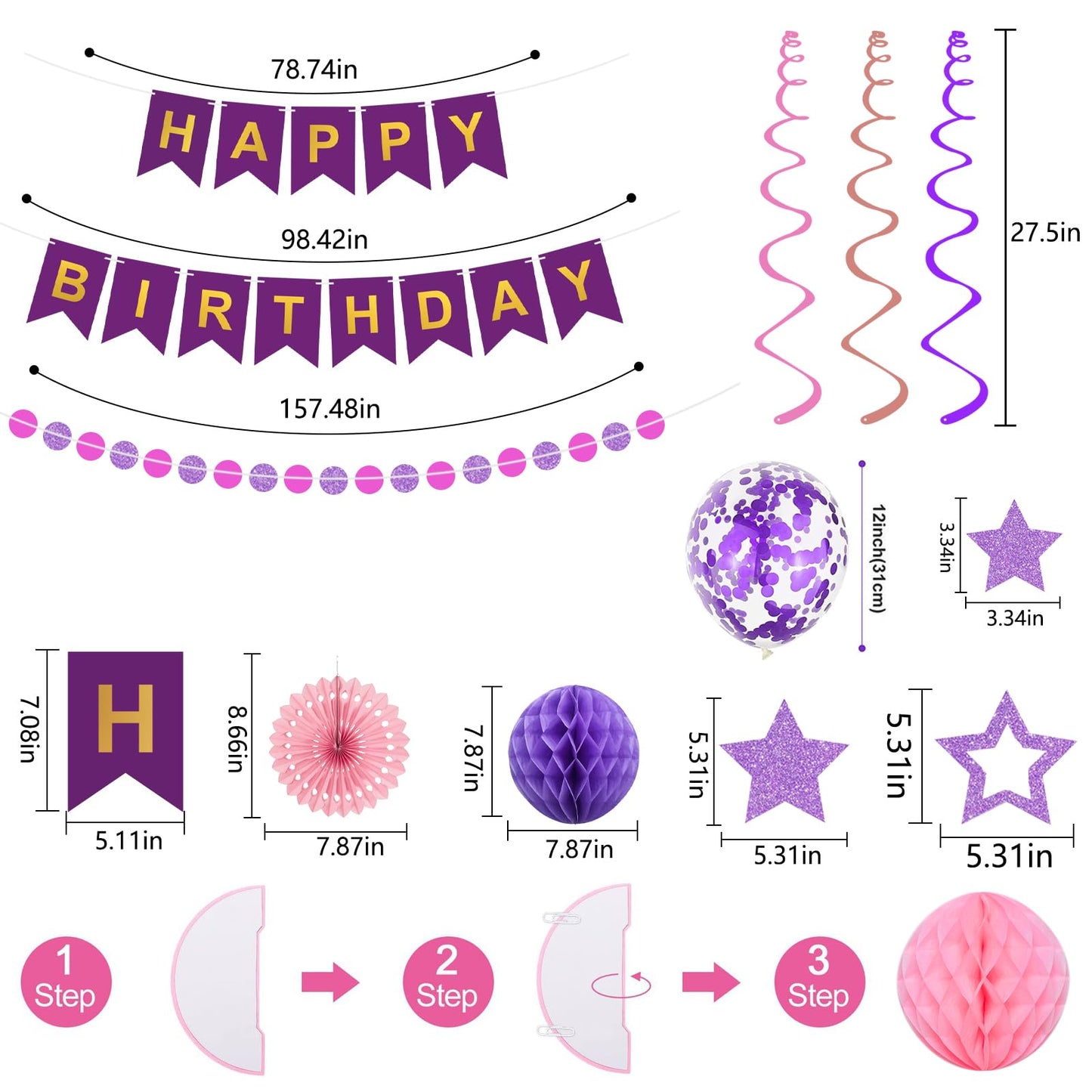 Purple Birthday Decorations Happy Birthday Banner Pink and Purple Balloons Stars Circle Garland Hanging Swirl Streamers Hanging Honeycomb Balls 69PCS Party Decorations for Women Men