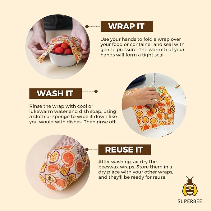 SUPERBEE Beeswax Wrap for Food, Set of 3 Bees Wax Wraps, Reusable for Wrapping Vegetables, Cheese Paper, Bowl Covers and Sandwich Wrapping Paper, Beeswax Food Wrap (Ocean)