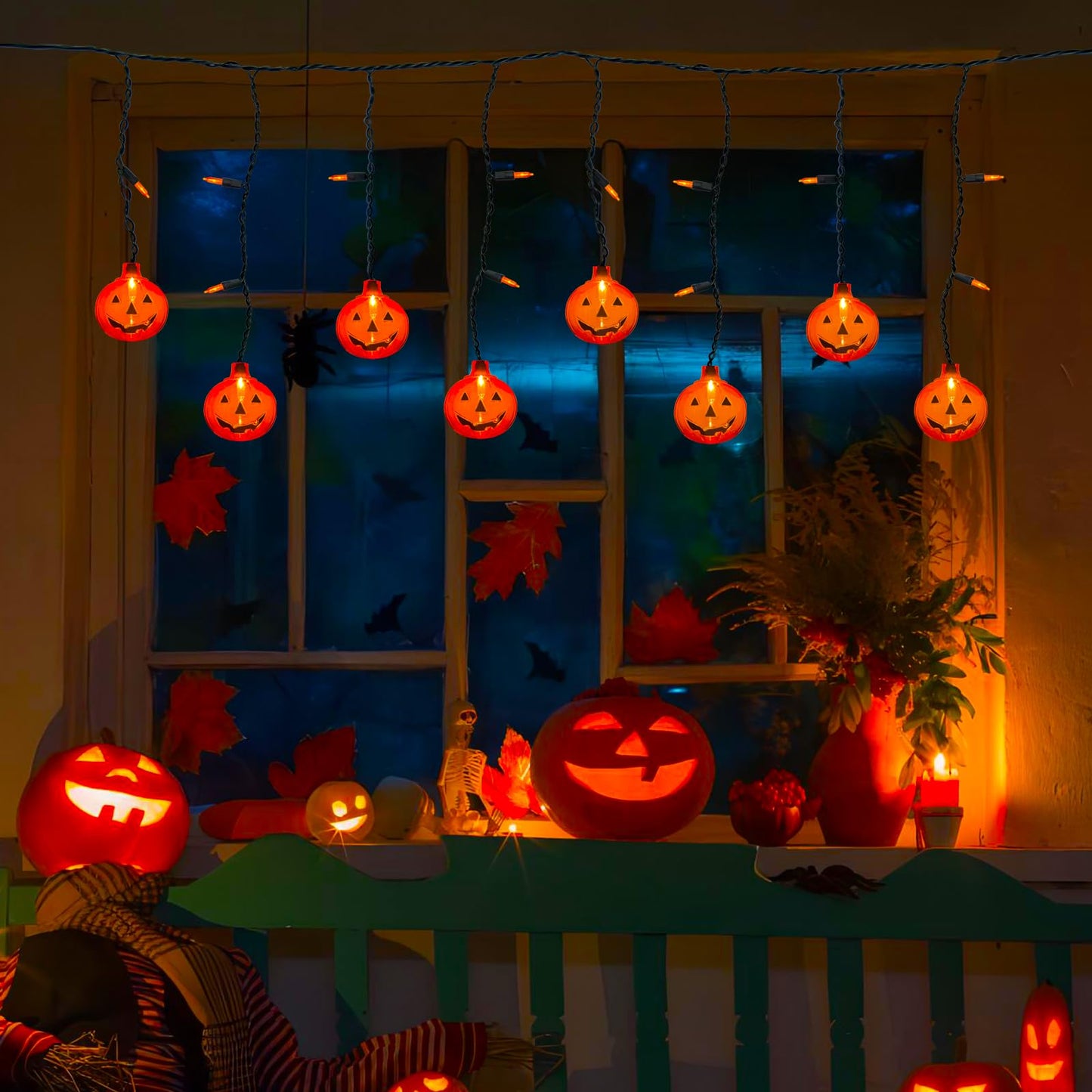 Halloween Pumpkin String Lights, Indoor Curtain With 10 Jack-O'-Lanterns and 25 Mini LED Bulbs, Plug-in for Outdoor Party Bedroom Window