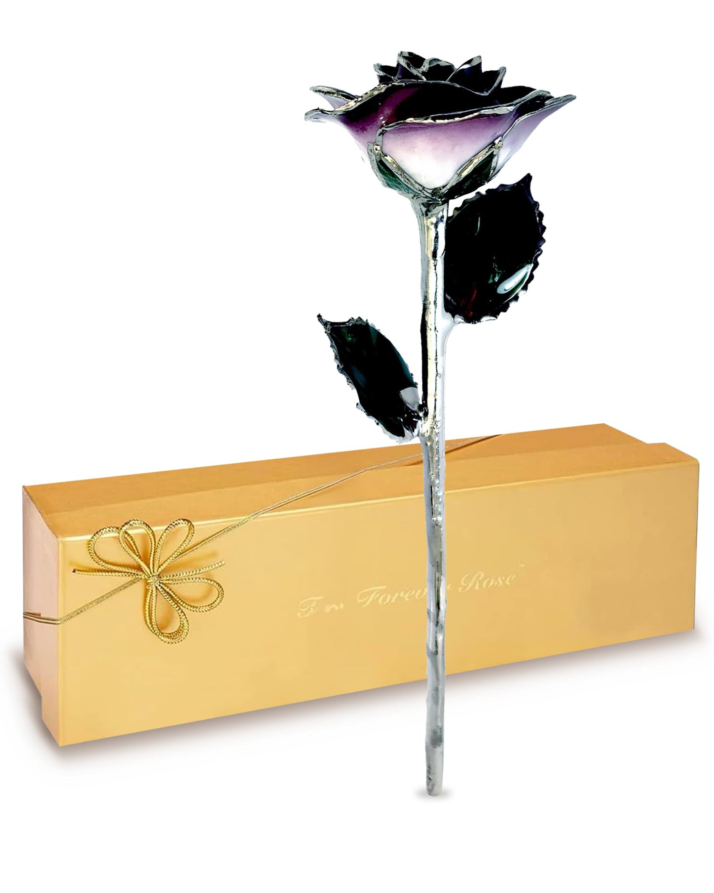 Forever Rose Real 2-Tone Purple Rose with Platinum Trimmed Petals and Platinum Stem, Handcrafted Preserved Rose in Luxury Gold Gift Box, Romantic Gift for Her, Elegant Gift for Any Occasion
