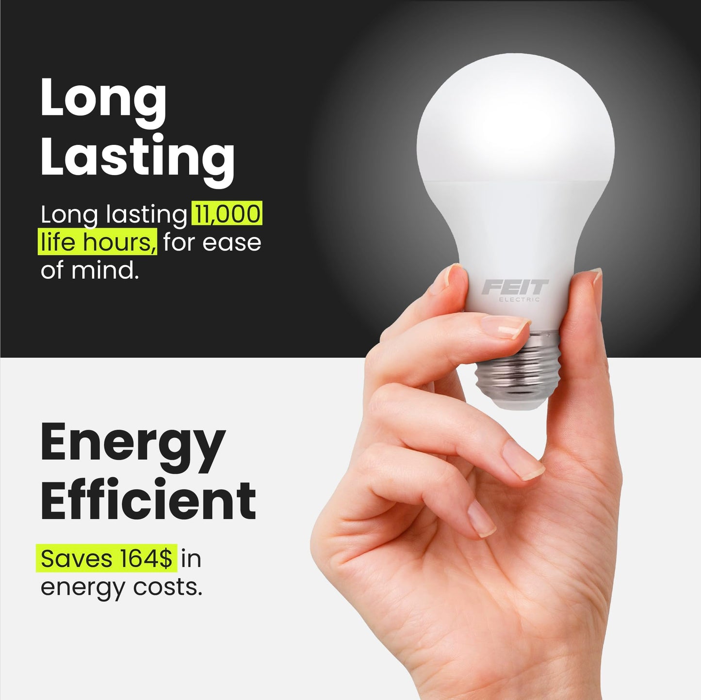 Feit Electric A19 LED Light Bulbs, 40W Equivalent, Non Dimmable, 450 Lumens, E26 Standard Base, 2700k Soft White, 80 CRI, 10 Year Lifetime, Energy Efficient, 4 Pack, A450/827/10KLED/4