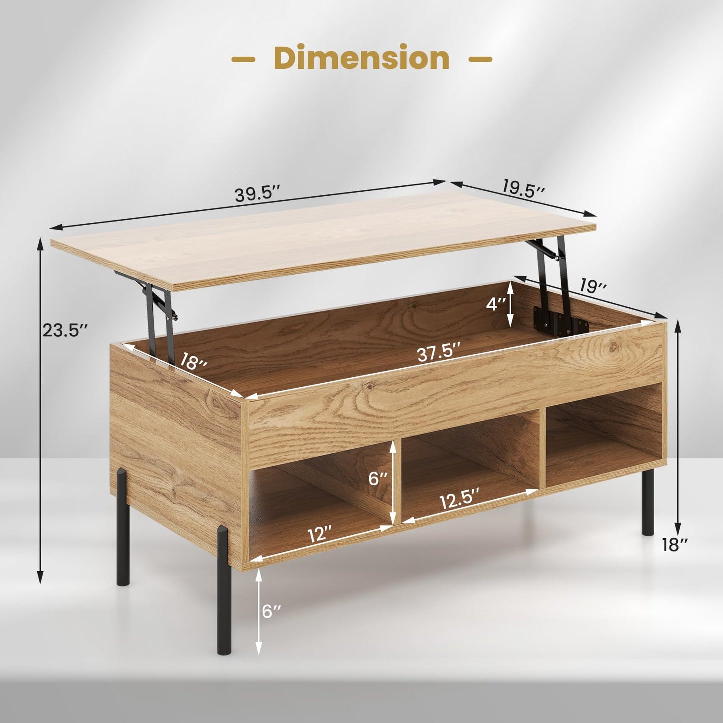 Tangkula Lift Top Coffee Table with Metal Legs, Rising Center Table w/Hidden Compartment & 3 Open Cubbies, Multifunctional Wood Dining Working Table for Living Room Reception Room (Natural)