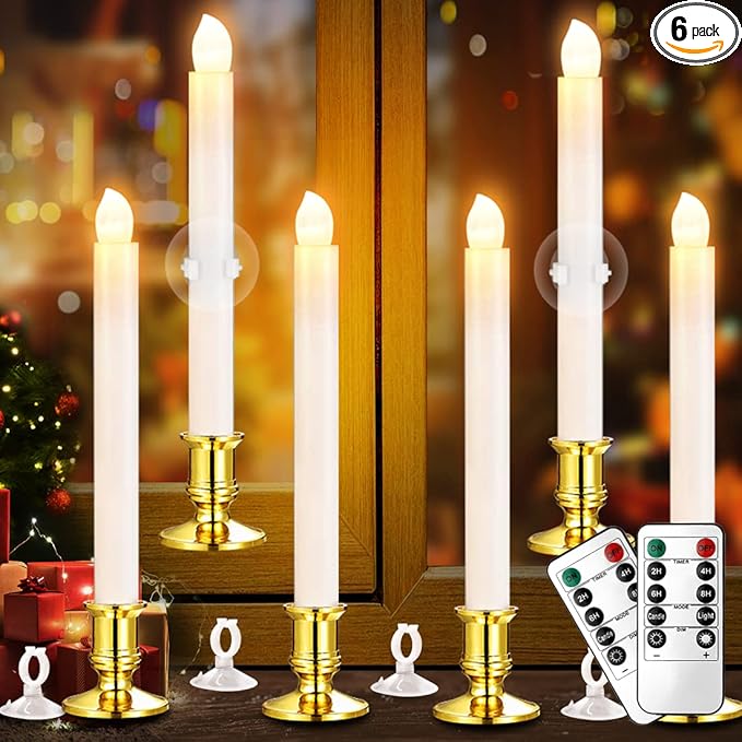YAUNGEL Christmas Window Candles, 6 Pack Battery Operated Flameless Taper Candles for Windows with Timer Remote, Electric Candle Lights with Candle Holders Suction Cups for Christmas