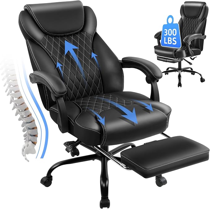 amseatec Office Chair, Big and Tall Office Chair with Foot Rest Ergonomic Chair for Home Desk, Reclining High Back Leather...