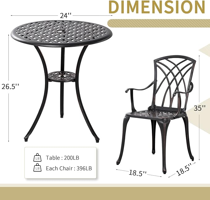 Withniture 3 Piece Bistro Patio Set Cast Alumiunm Patio Furniture Set,All Weather Bistro Table and Chairs Set of 2 with 1.97" Umbrella Hole,Outdoor Patio Bistro Sets for Garden（Antique Bronze）