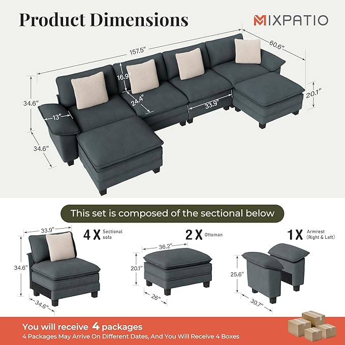 MIXPATIO 157-Inch U Shaped Sectional Sofa with Cloud Cushions, Deep Seat Modular Couch Set w/ 6 Seats & 2 Ottomans, Removable Arms, Plush Chenille Upholstery for Living Room, Apartment - Cyan
