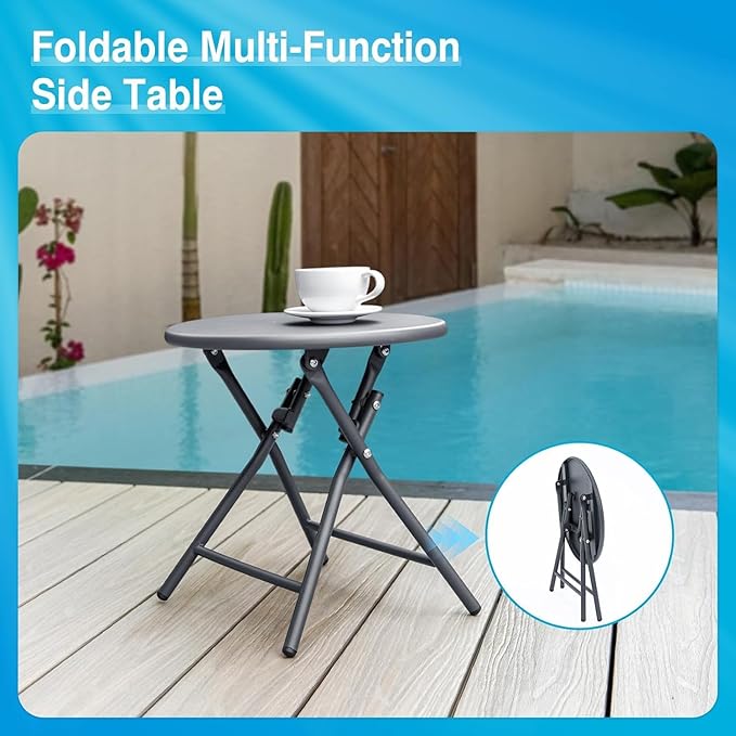 FHVIT Aluminum Chaise Lounge Chair Outdoor, Foldable Patio Lounge Chair 2 Sets with Table Assemble-Free, Pool Lounge Chairs with 5 Adjustable Backrest, Outdoor Lounge Chairs for Outside Poolside Grey