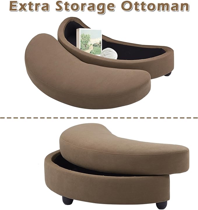 Yoglad Oversized Round Swivel Accent Chair - 360 Degree Chairs with Ottoman Armrest Tray Ideal for Living Room, Bedroom(Corduroy Brown)