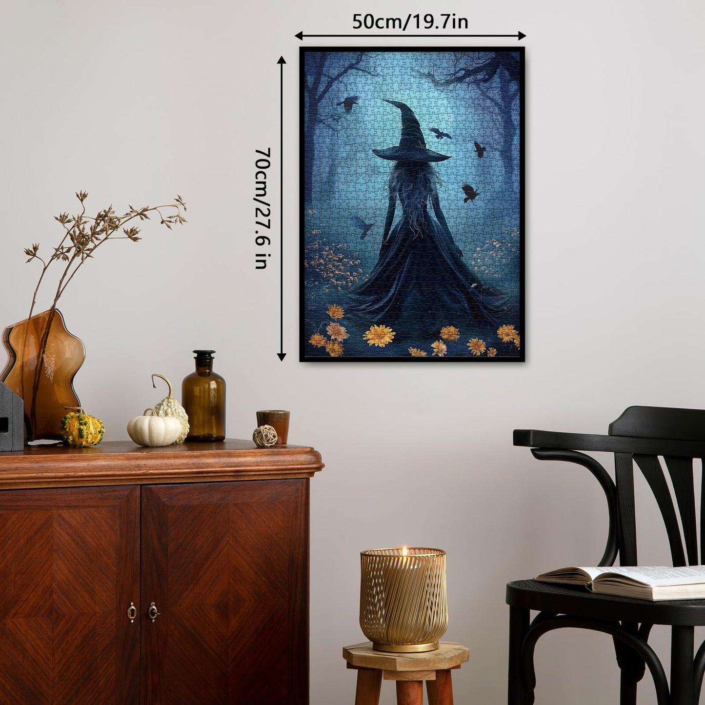 Halloween Witch Puzzle for Adults 1000 Pieces, Horror Holiday Jigsaw Puzzle, Fall Autumn Flower Bird Moon Aesthetic Forest Magic Women Puzzle