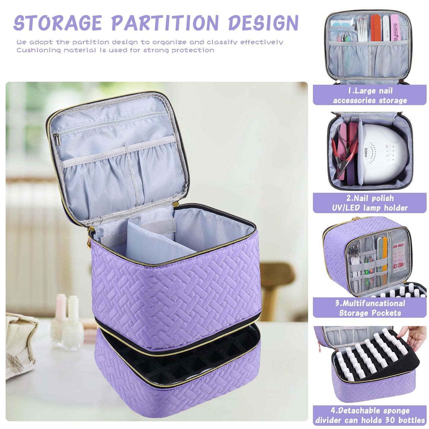RZMAYIS Nail Polish Carrying Case Bag-Holds 30 Bottles, Double-Layer Nail Polish Storage and Nail Dryer Case