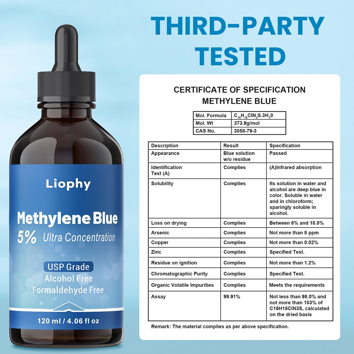 Liophy Methylene Blue Pharmaceutical Grade 5% Drops, 120 mL – High Purity 99.99% Methylene Blue for Humans, Formaldehyde and Alcohol Free (ups Grade)