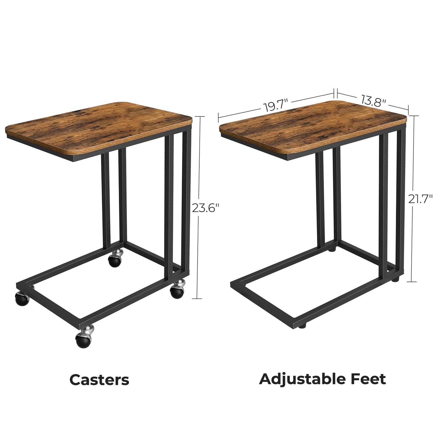 VASAGLE End Table, C Shaped TV Tray with Metal Frame Rolling Casters, Industrial Side Table for Living Room Bedroom, 19.7 x 13.8 x 23.6 Inches, Rustic Brown and Black