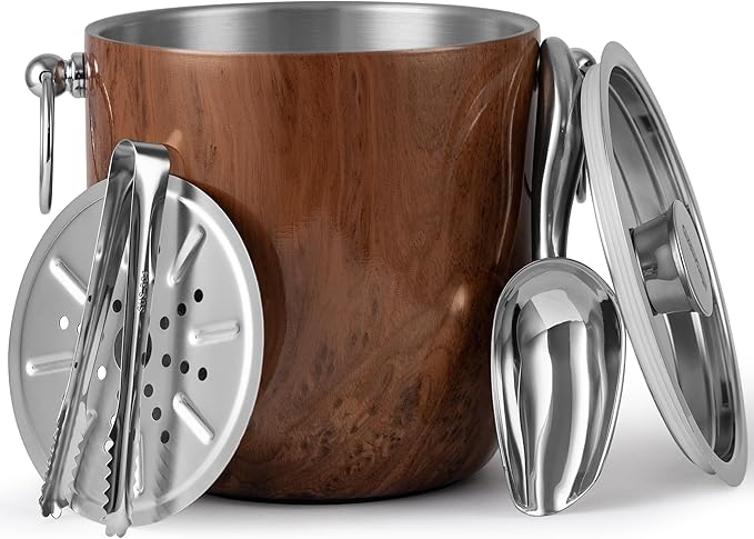 Golden Cudgel Insulated Ice Bucket, 3L Double Wall Stainless Steel Ice Bucket with Tongs,Lid, Scoop and Strainer, Ice Buck...