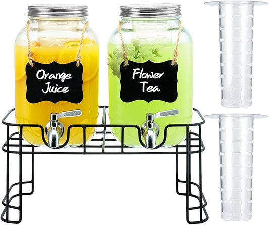 1 Gallon Glass Drink Dispensers for Parties, 2PACK Beverage Dispenser with Stand, Ice Cylinder and Stainless Steel Spigot ...