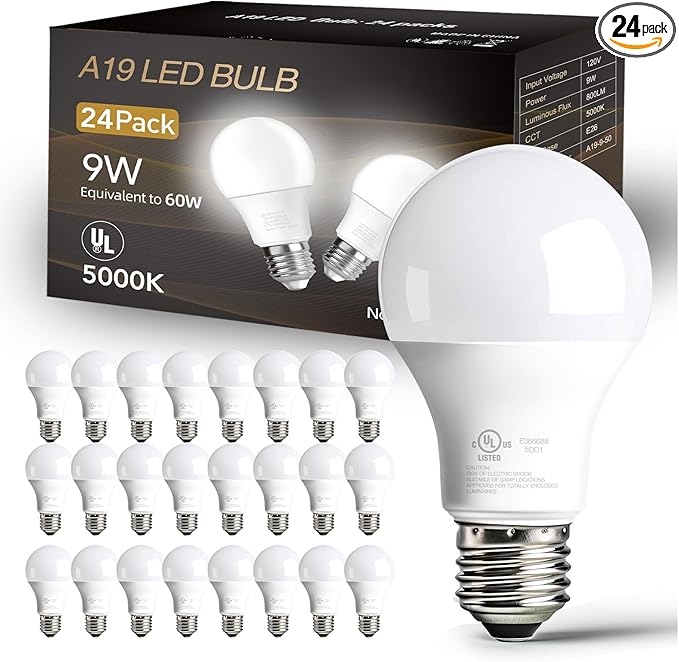 dalattin 24 Pack LED Bulbs Daylight White 5000K, 60 Watt Equivalent A19 Standard Bulbs, E26 Base, 800 LM, Efficient 9W Ene...