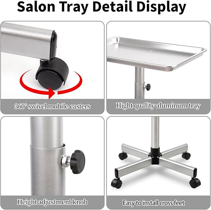 Salon Tray, Salon Color Tray with Adjustable Height, Salon Tray on Wheels, Salon Rolling Tray, Ideal Use As Tattoo Tray＆Dental Tray