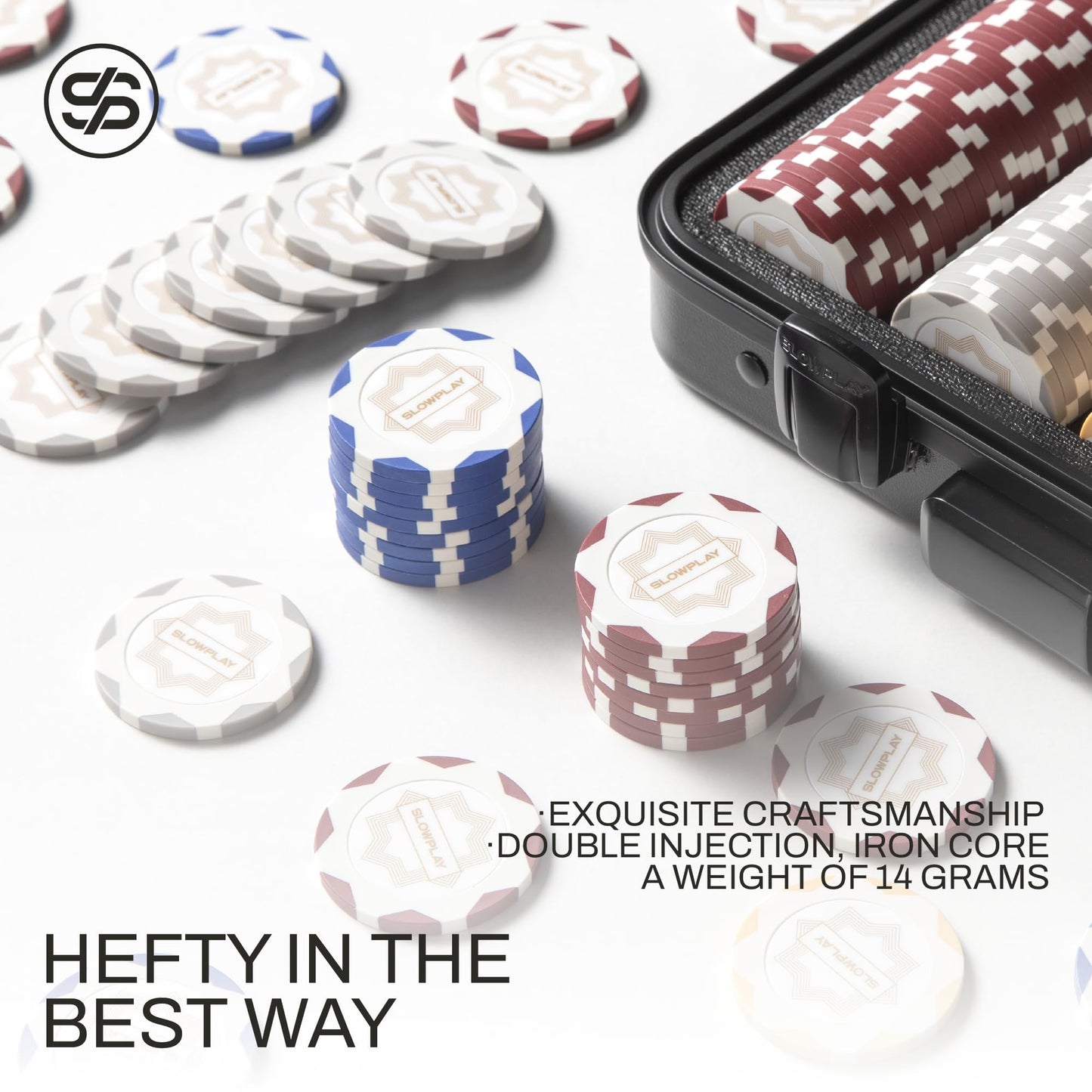 SLOWPLAY Nash 14g Clay Poker Chip Set for Texas Hold'em, 500 PCS [Blank Chips - White Gold Edition] Features a Premium Case with Durable German Polycarbonate Shell