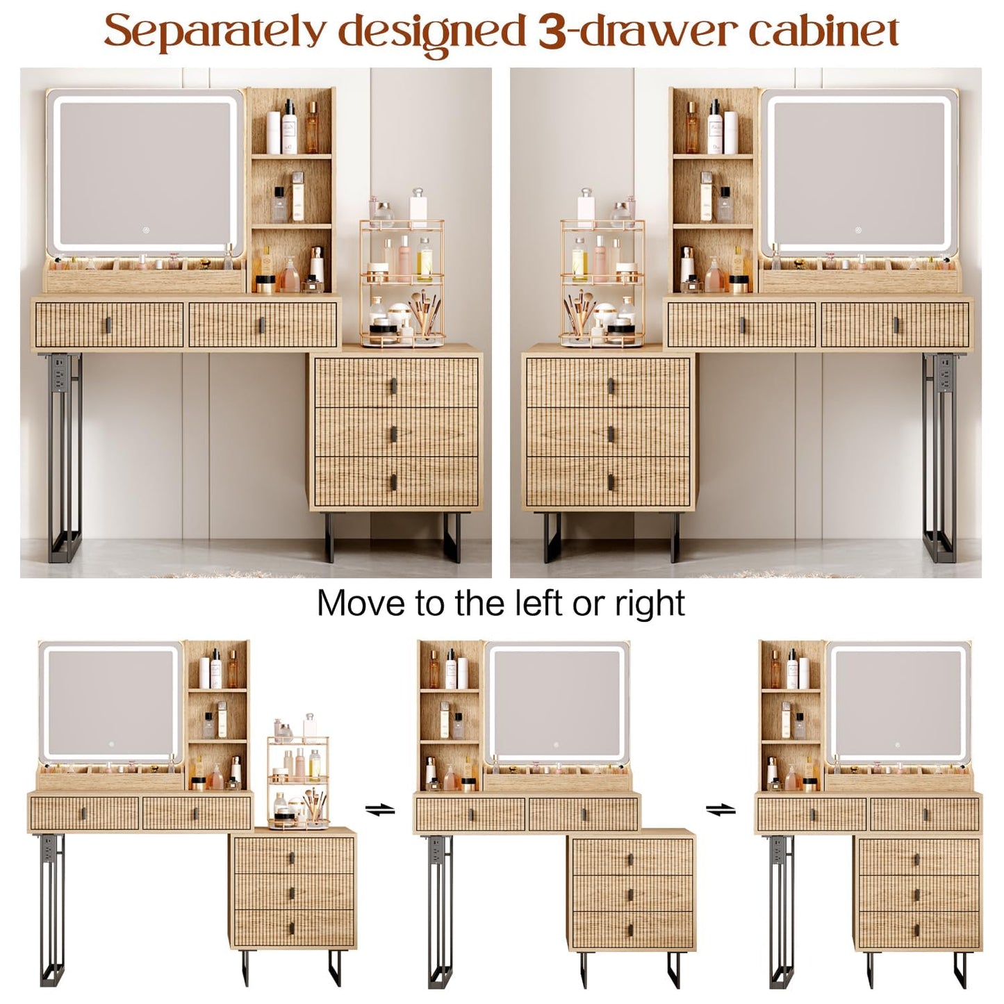 Large Vanity Desk with 3 Color Touch Screen Dimming Mirror, Vanity Desk with Charging Station, Modern Retractable Makeup Dressing Table, Makeup Table With storage shelves and 5 Sliding Drawers, Oak