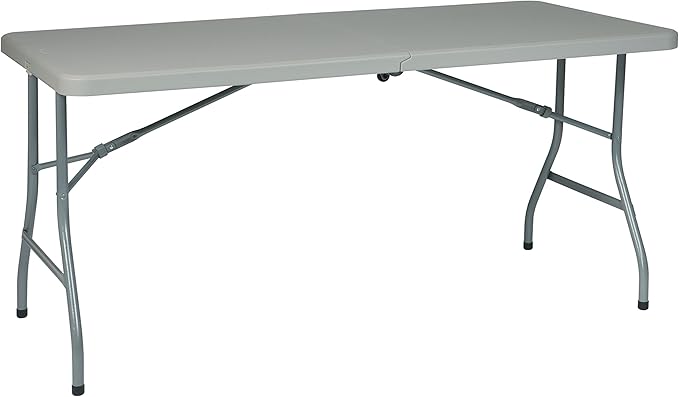 Office Star Resin Rectangle Center-Folding Portable Table for Picnics, Camping, and Tailgating, 5 Feet, with Wheels Light ...