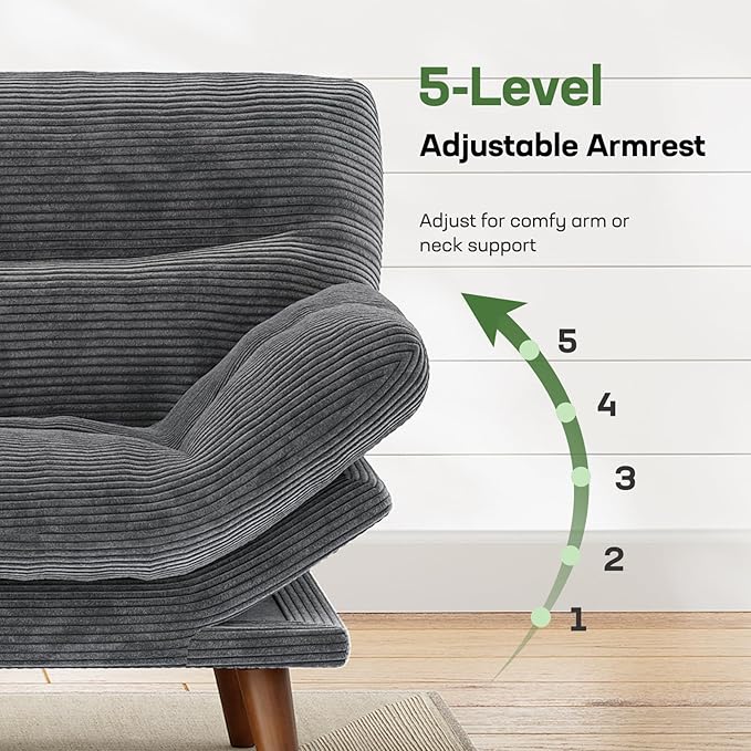 Marsail Futon Sofa Bed, 66.1” Futon Couch with Adjustable Backrest & Armrests, Convertible Small Sleeper Sofa Bed for Small Apartments, Study Room, Office, Corduroy Loveseat, Grey