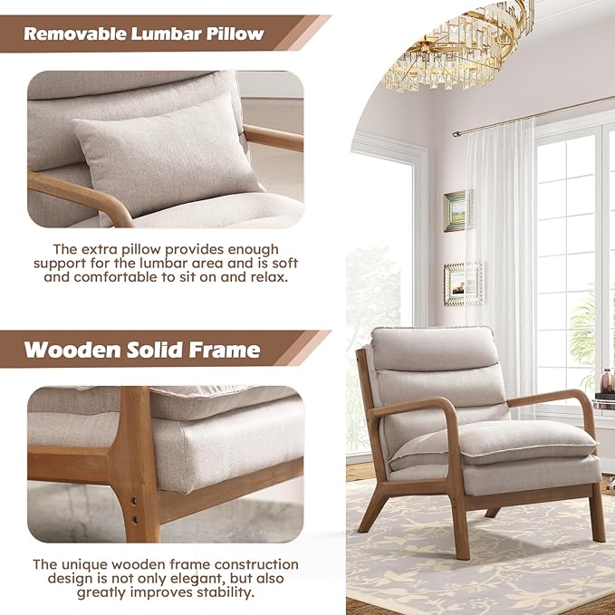 IOMOR Mid Century Modern Accent Chair, Upholstered Lounge Armchair with Plump Back Pillow, Comfy Reading Chair with Solid Wood Frame for Bedroom Living Room Set of 2, Beige