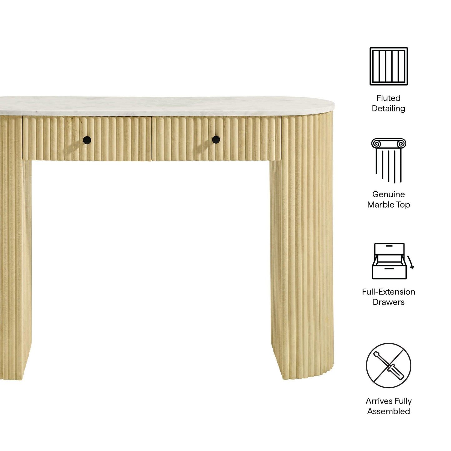 Modway Caldera 42-Inch Curved Solid Wood Fluted Console Table in Natural with Oval Marble Top – Narrow Entryway Table with 2 Drawers